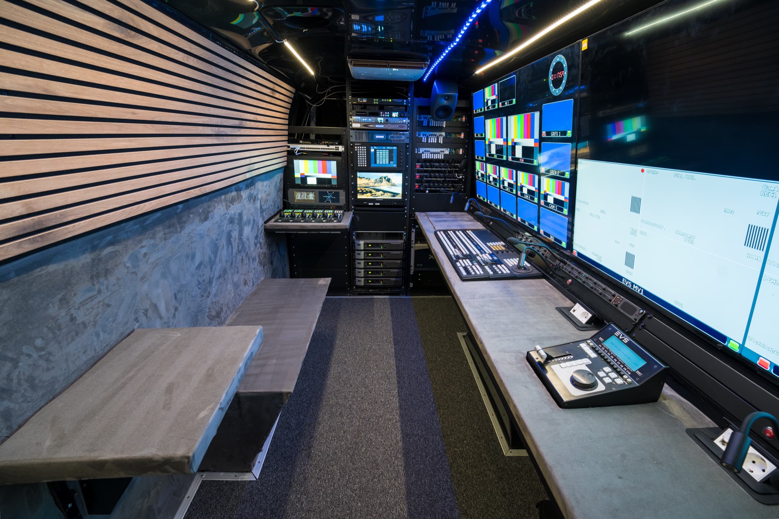 Wide interior view of the Noon Vision OB-1 outside broadcast van production area